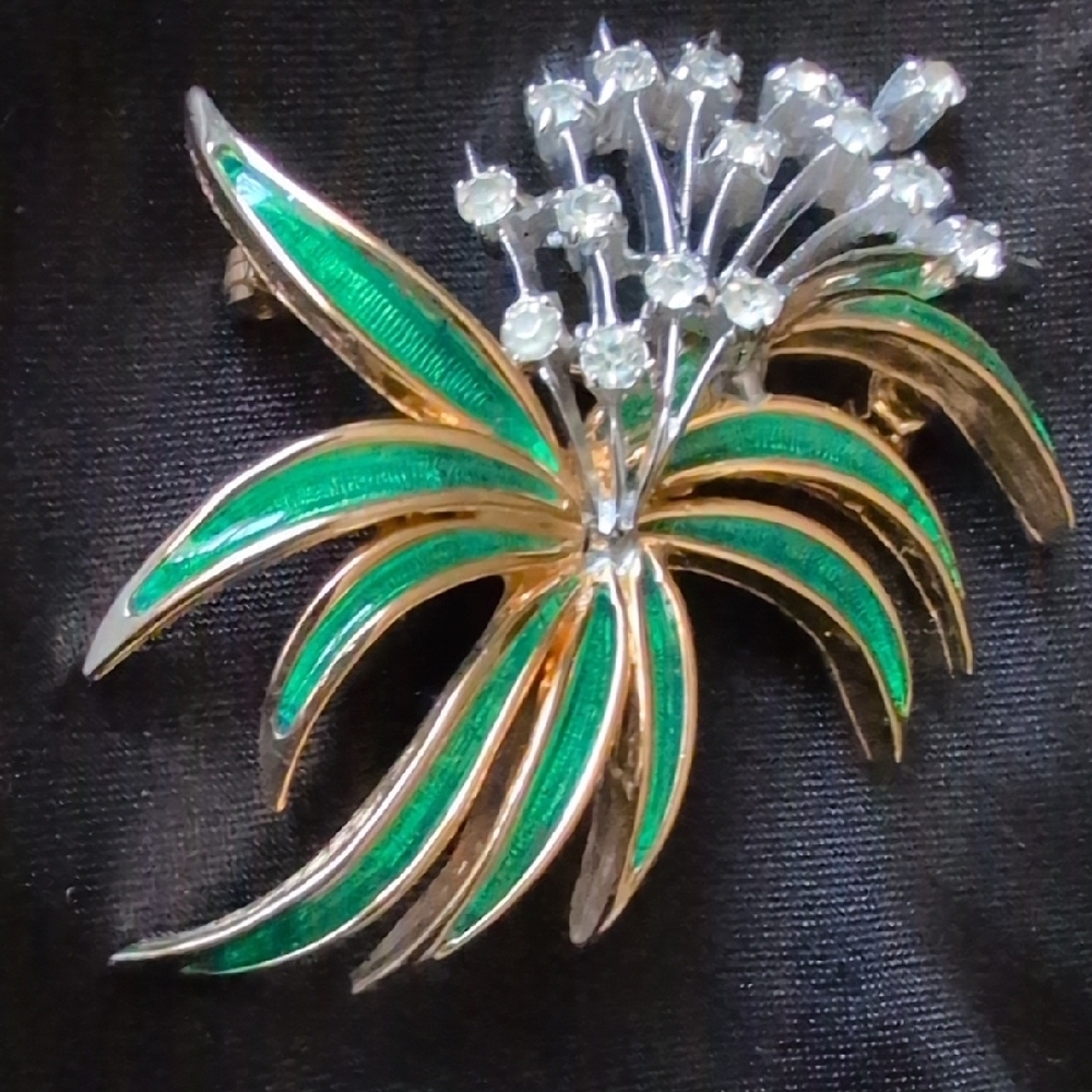 Vintage Polcini Silver, Gold and Green Floral Brooch with Crystal Details